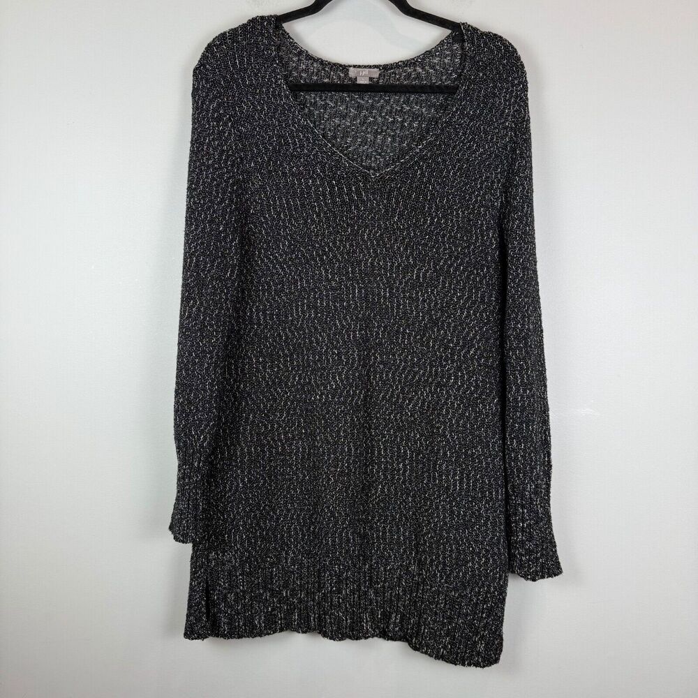 J.Jill Sweater Women's Large Black Knit Tunic Metallic V-Neck Long Sleeve Mature